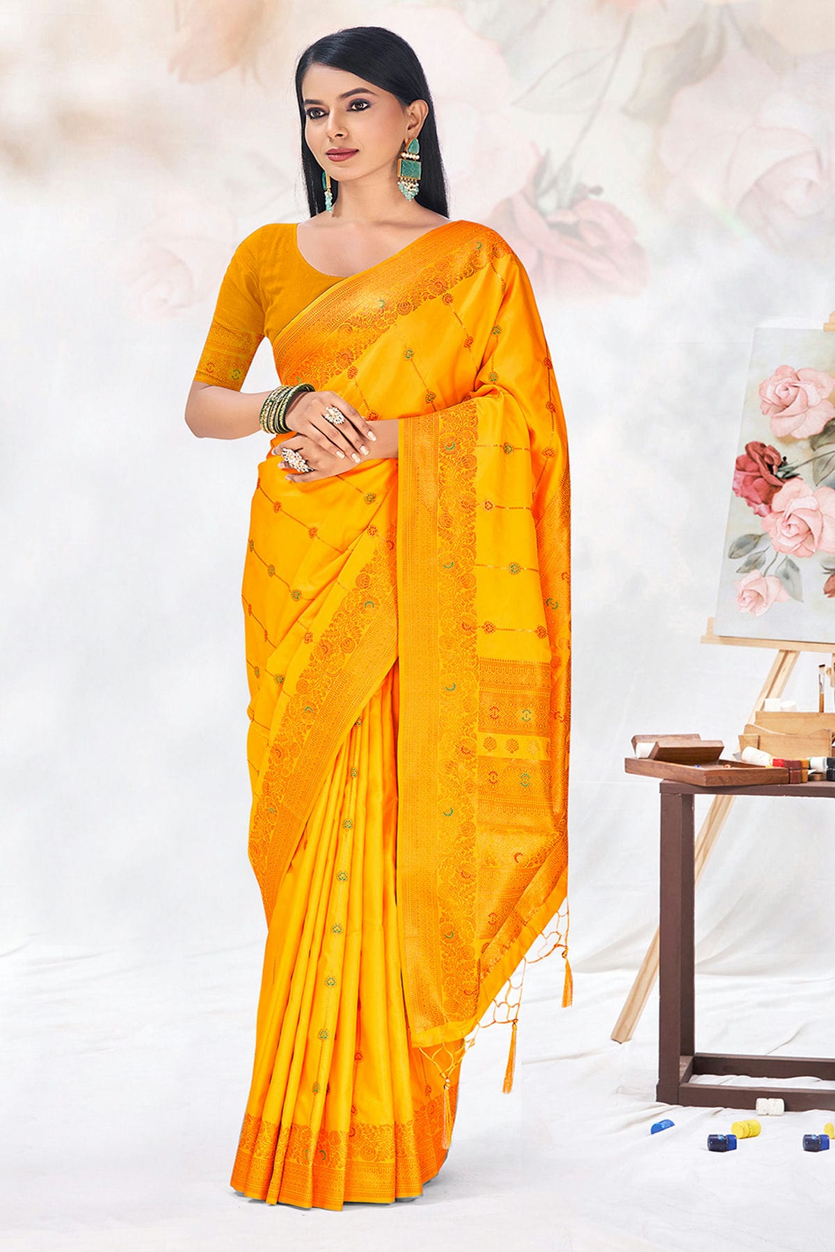 Yellow Colour Woven Work Silk Saree