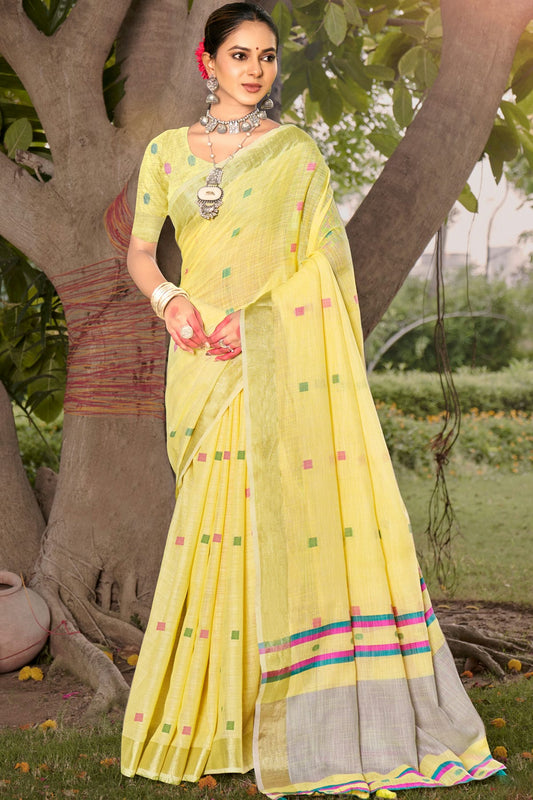 Yellow Colour Zari Work Cotton Saree