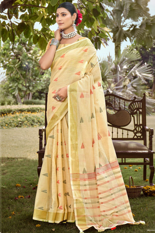 Yellow Colour Zari Work Cotton Saree