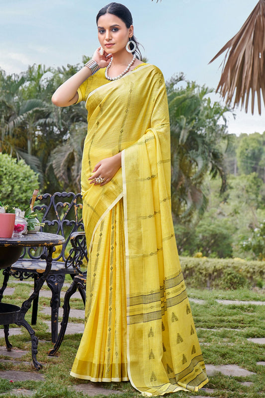 Yellow Colour Zari Work Cotton Saree