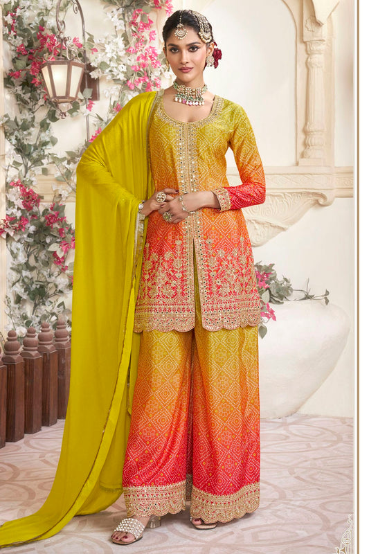 Yellow and Orange Colour Semi Stitched Chinon Silk Palazzo Pant Suit VSSM1140695