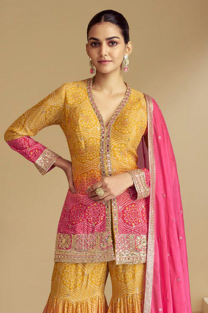 Yellow and Pink Colour Chinon Sharara Suit