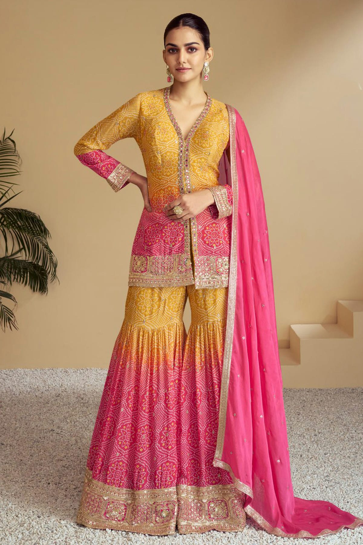 Yellow and Pink Colour Chinon Sharara Suit