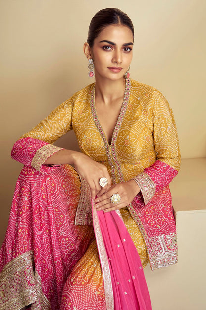 Yellow and Pink Colour Chinon Sharara Suit VSSM1140563