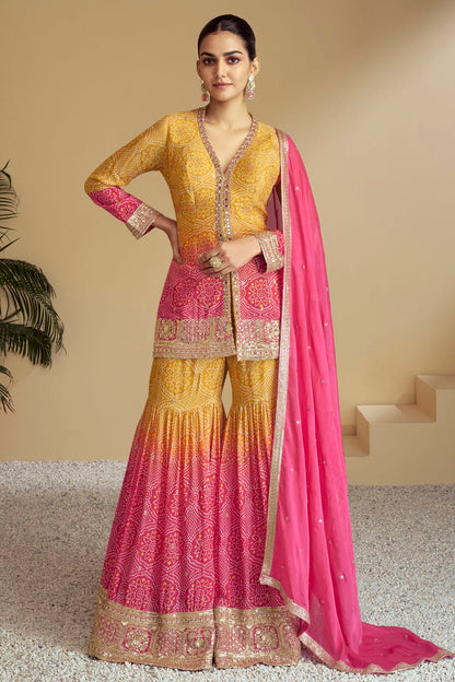 Yellow and Pink Colour Chinon Sharara Suit