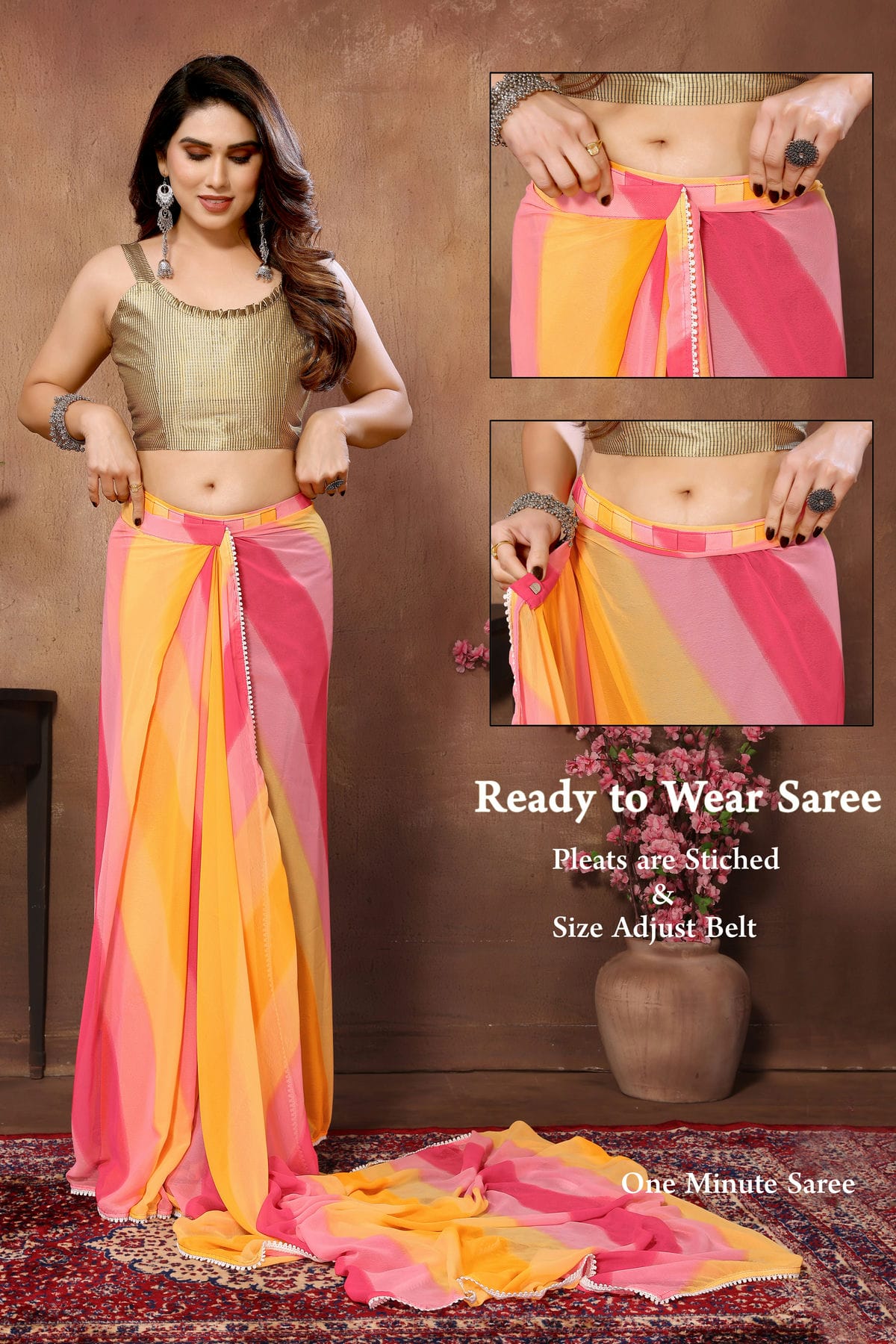 Yellow and Pink Colour Georgette Ready To Wear Saree