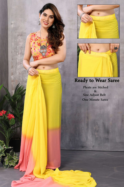 Yellow and Pink Colour Georgette Ready To Wear Saree