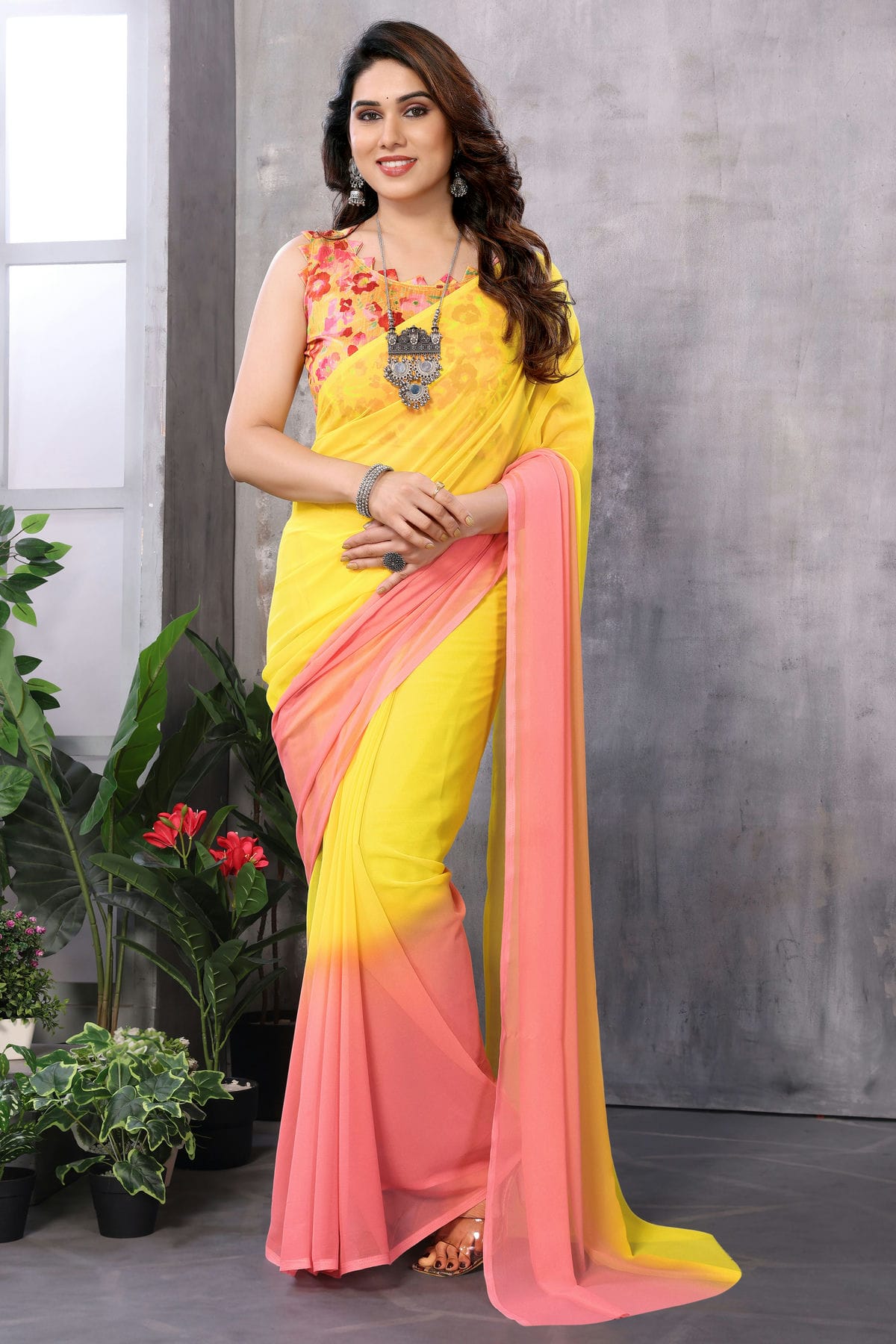 Yellow and Pink Colour Georgette Ready To Wear Saree