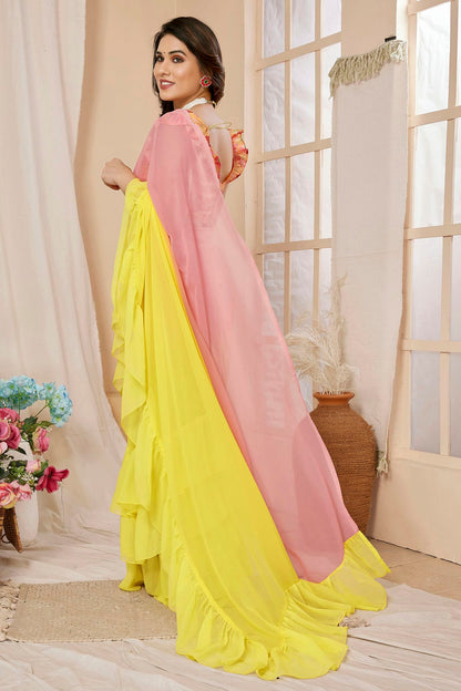 Yellow and Pink Colour Georgette Ruffle Saree