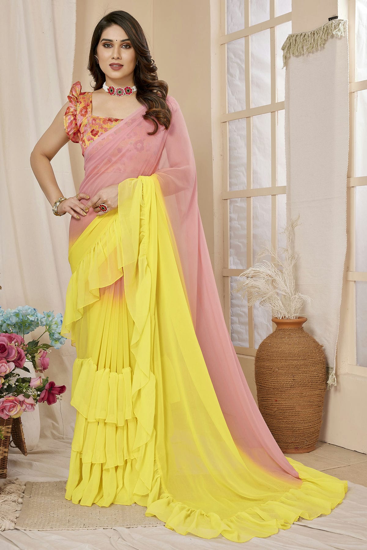 Yellow and Pink Colour Georgette Ruffle Saree