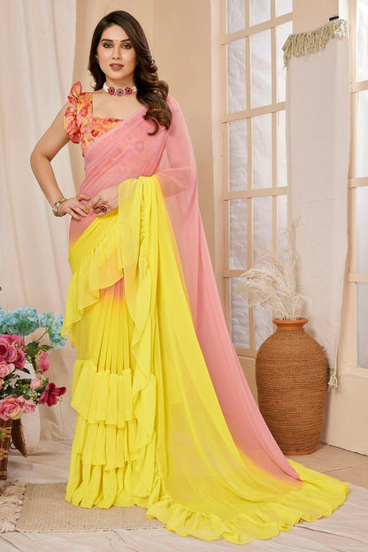 Yellow and Pink Colour Georgette Ruffle Saree