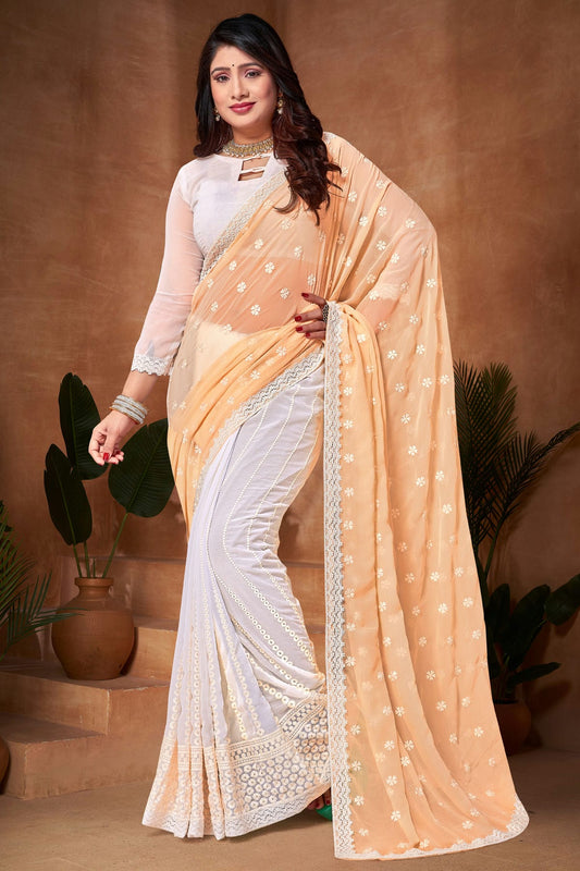 Yellow and White Colour Georgette Half N Half Saree