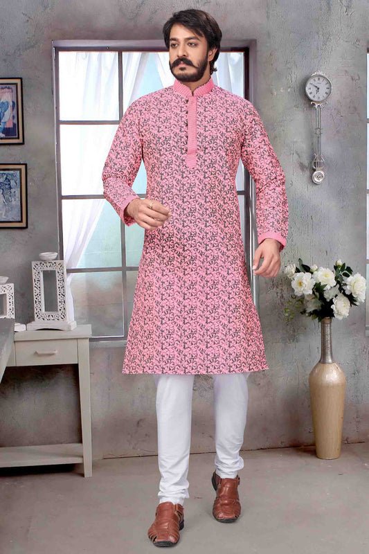 Baby Pink Colour Kurta Pajama In Jacquard Silk VSKP1210069