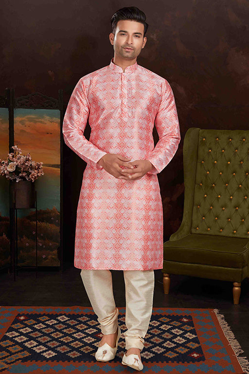 Baby Pink Colour Kurta Pajama In Malai Silk VSKP1210148