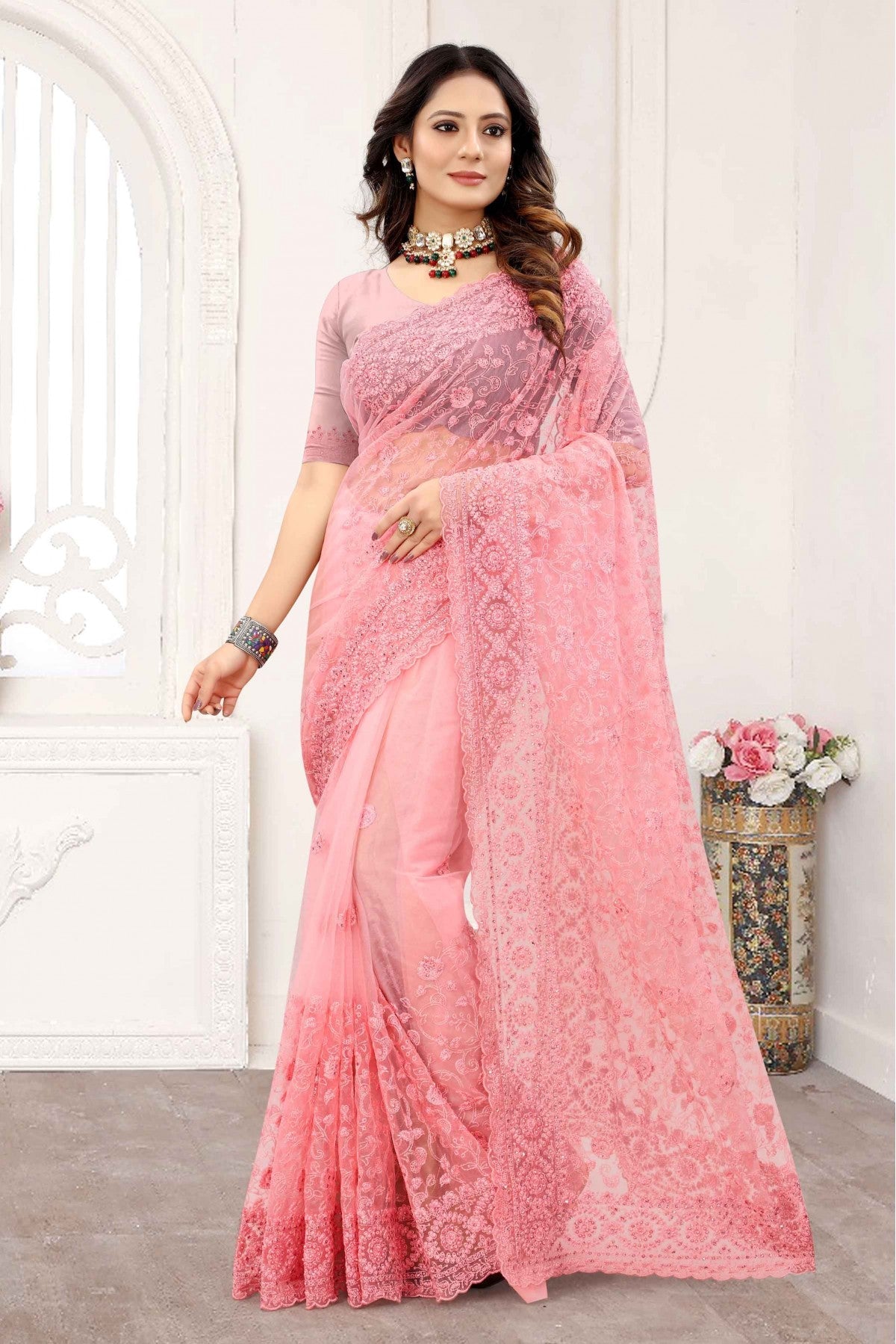 Baby Pink Colour Net Designer Saree