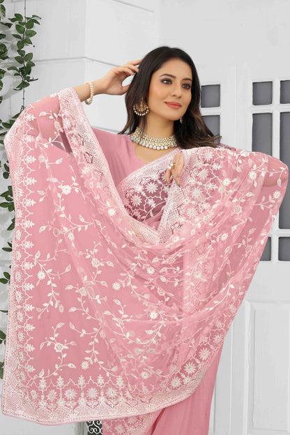 Baby Pink Colour Net Designer Saree