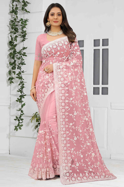 Baby Pink Colour Net Designer Saree