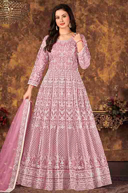 Baby Pink Colour Net Semi Stitched Anarkali Suit