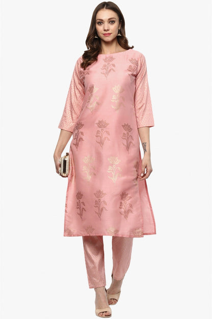 Baby Pink Colour Plus Size Poly Silk Straight Kurta With Pant VSKR1060132