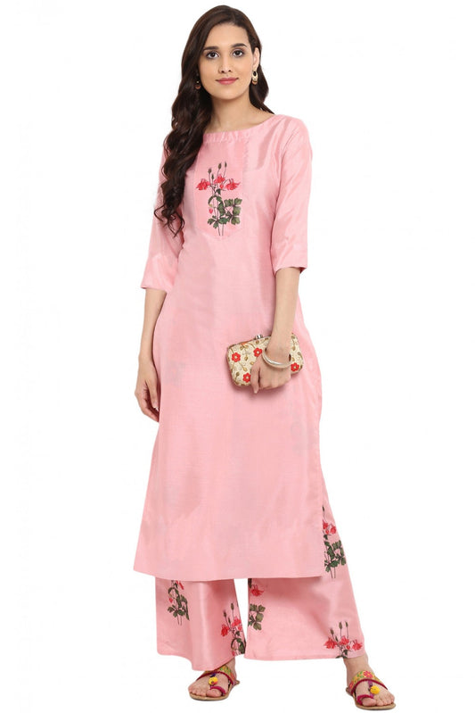 Baby Pink Colour Plus Size Poly Silk Straight Kurti