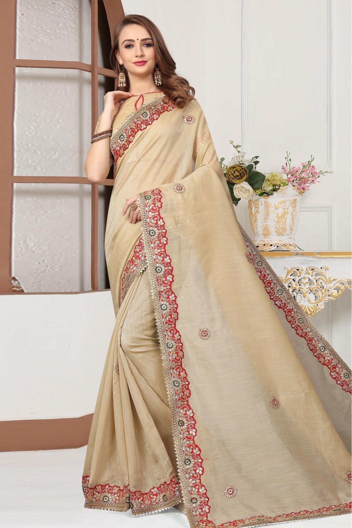 Beige Colour Art Silk Embroidery Saree