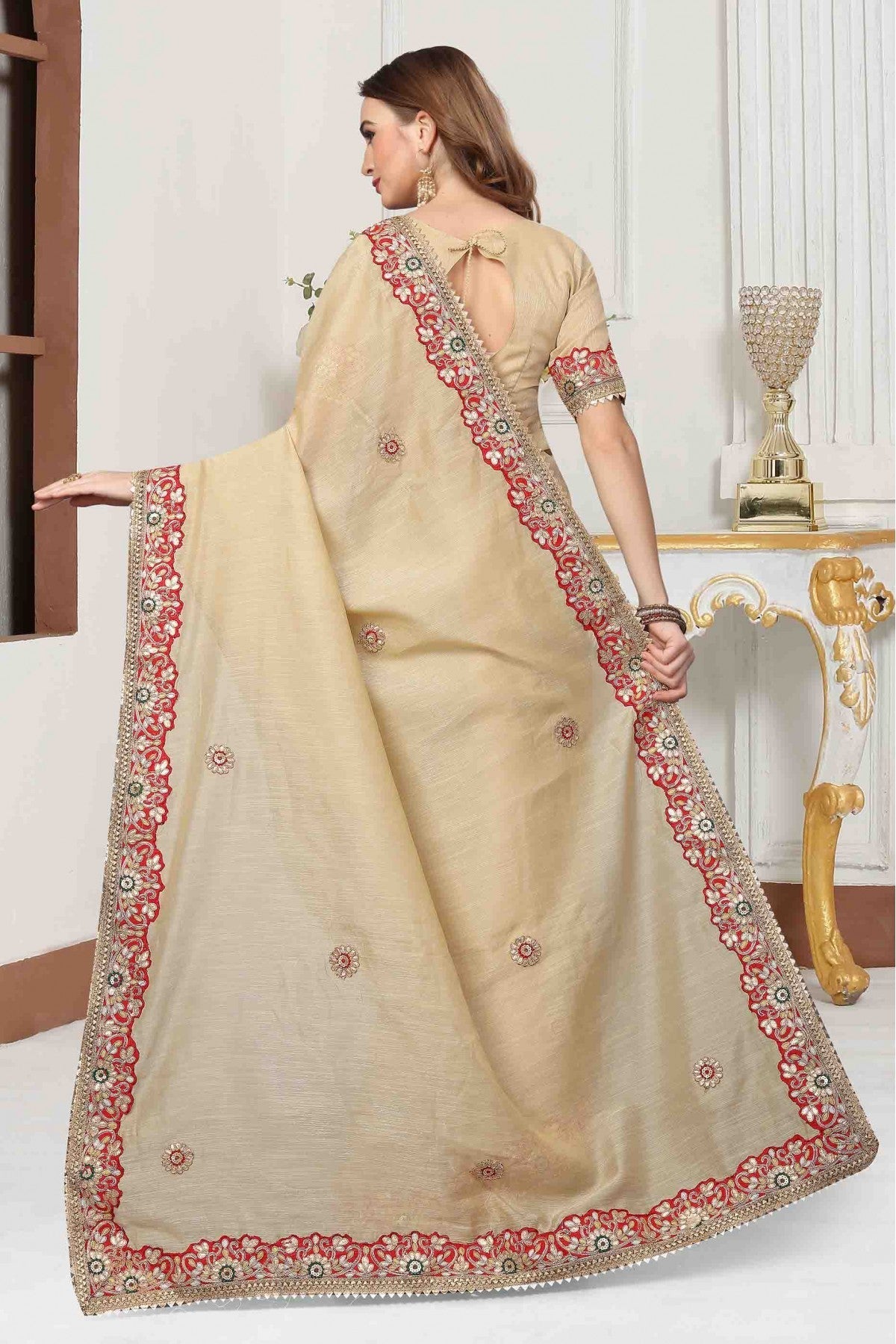 Beige Colour Cotton Silk Designer Saree