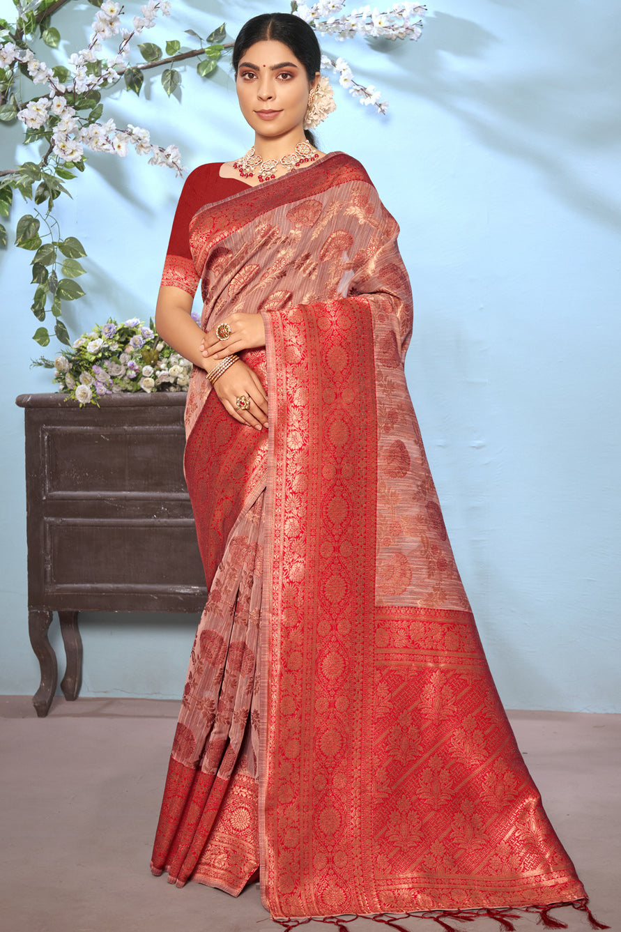 Beige Colour Cotton Traditional Saree In Woven Work