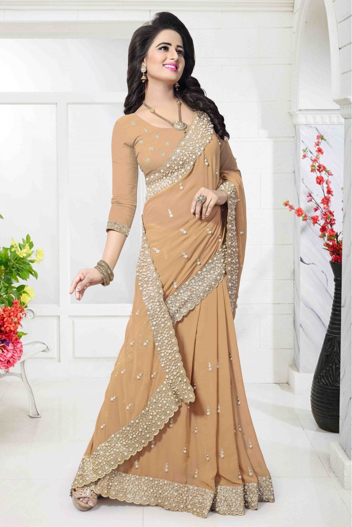 Beige Colour Georgette Designer Saree