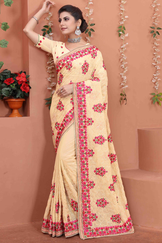 Beige Colour Georgette Designer Saree