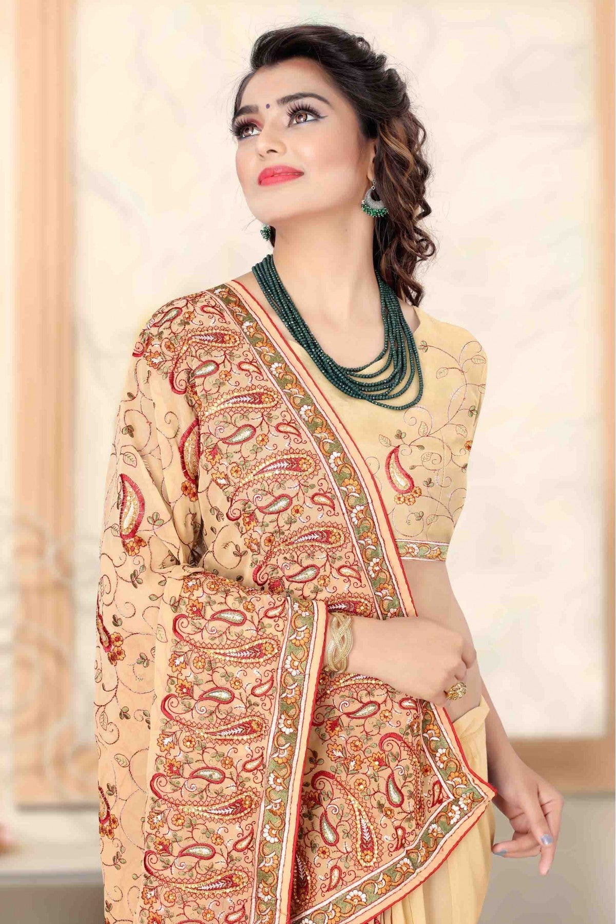 Beige Colour Georgette Designer Saree