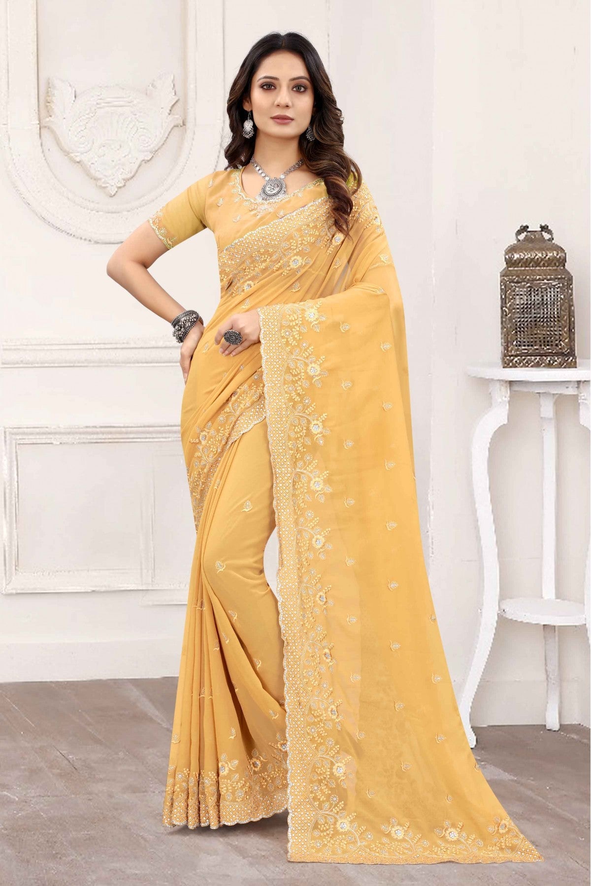 Beige Colour Georgette Designer Saree