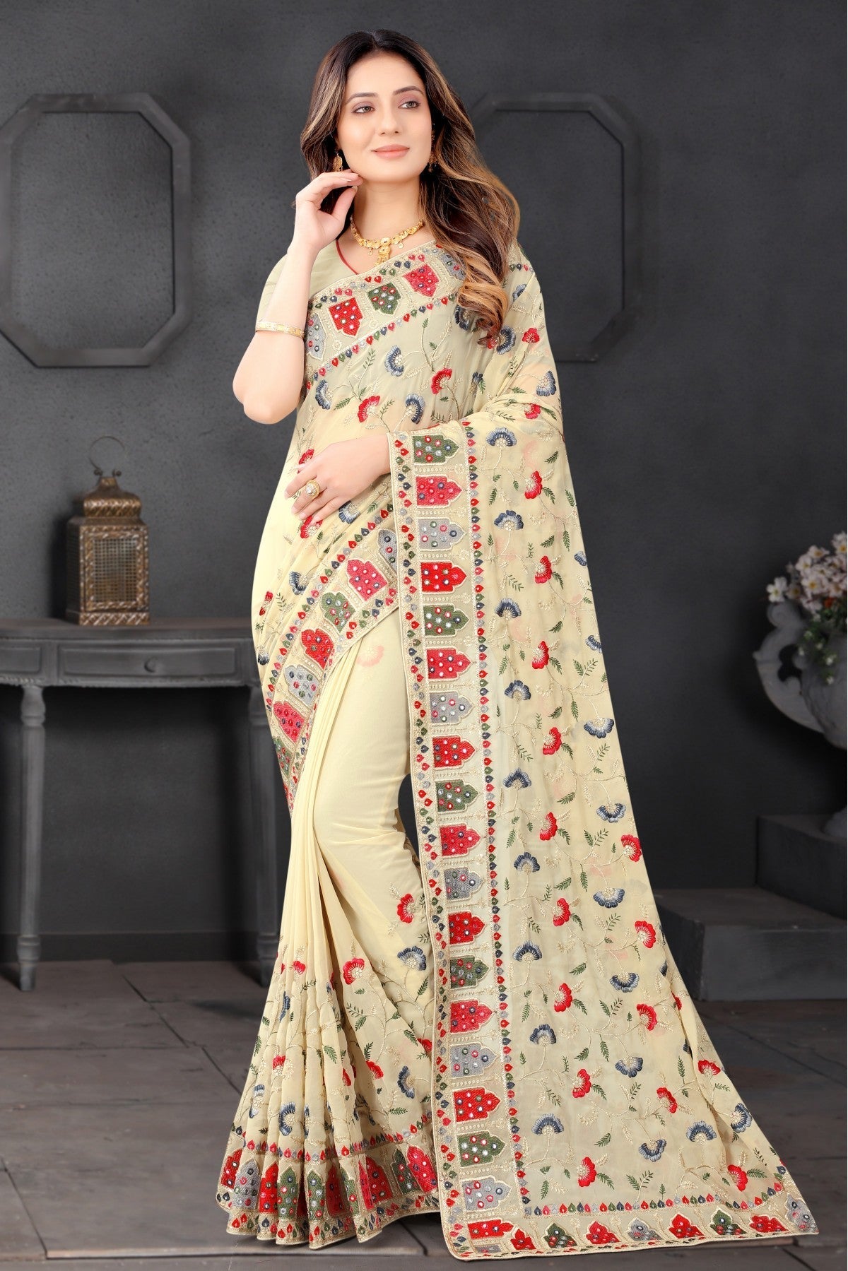 Beige Colour Georgette Embroidery Saree