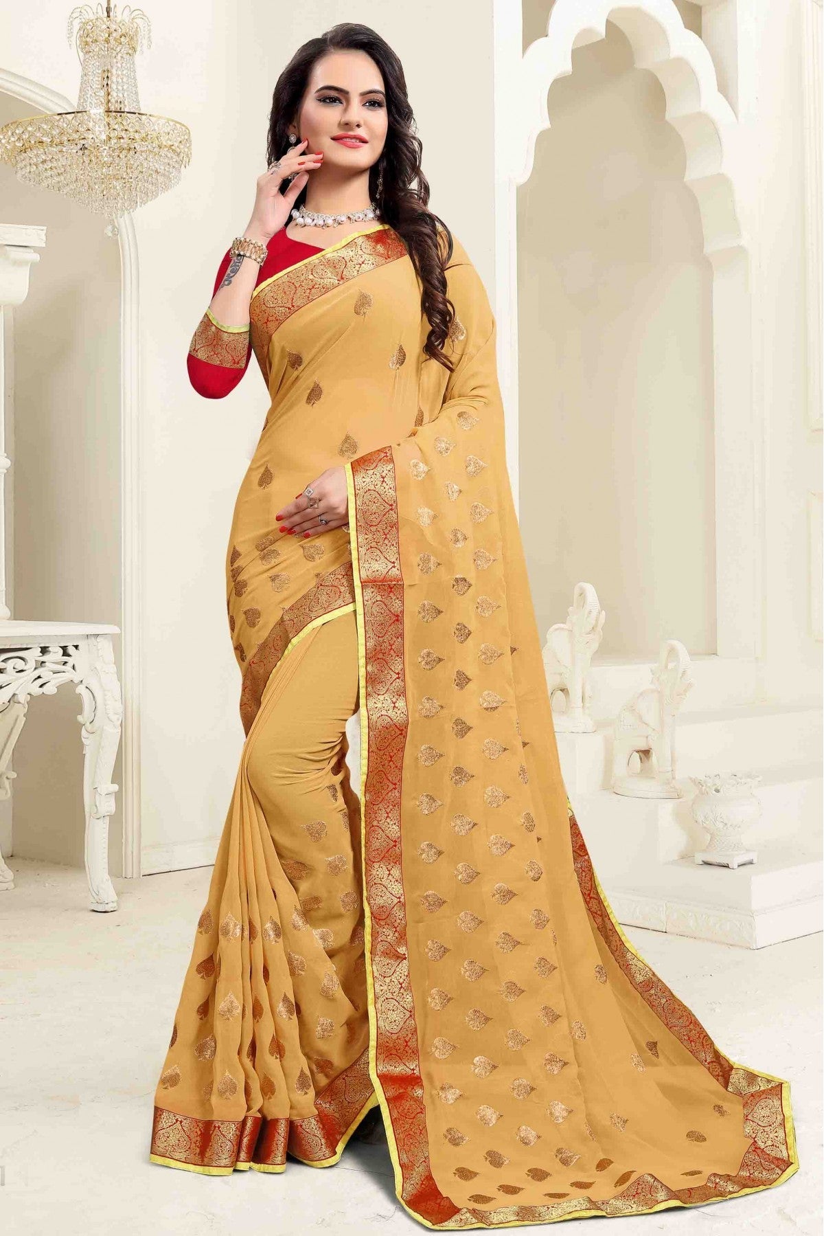 Beige Colour Georgette Embroidery Saree