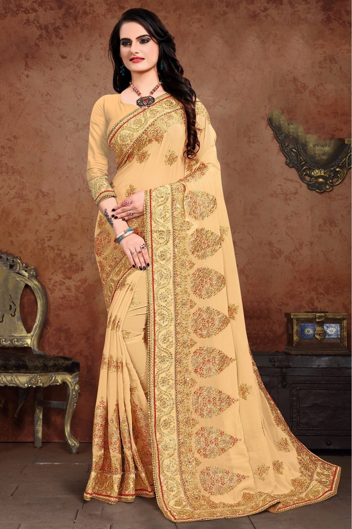 Beige Colour Gerogette Designer Saree