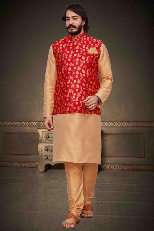 Beige Colour Kurta Pajama With Jacket In Art Silk