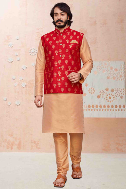 Beige Colour Kurta Pajama With Jacket In Art Silk