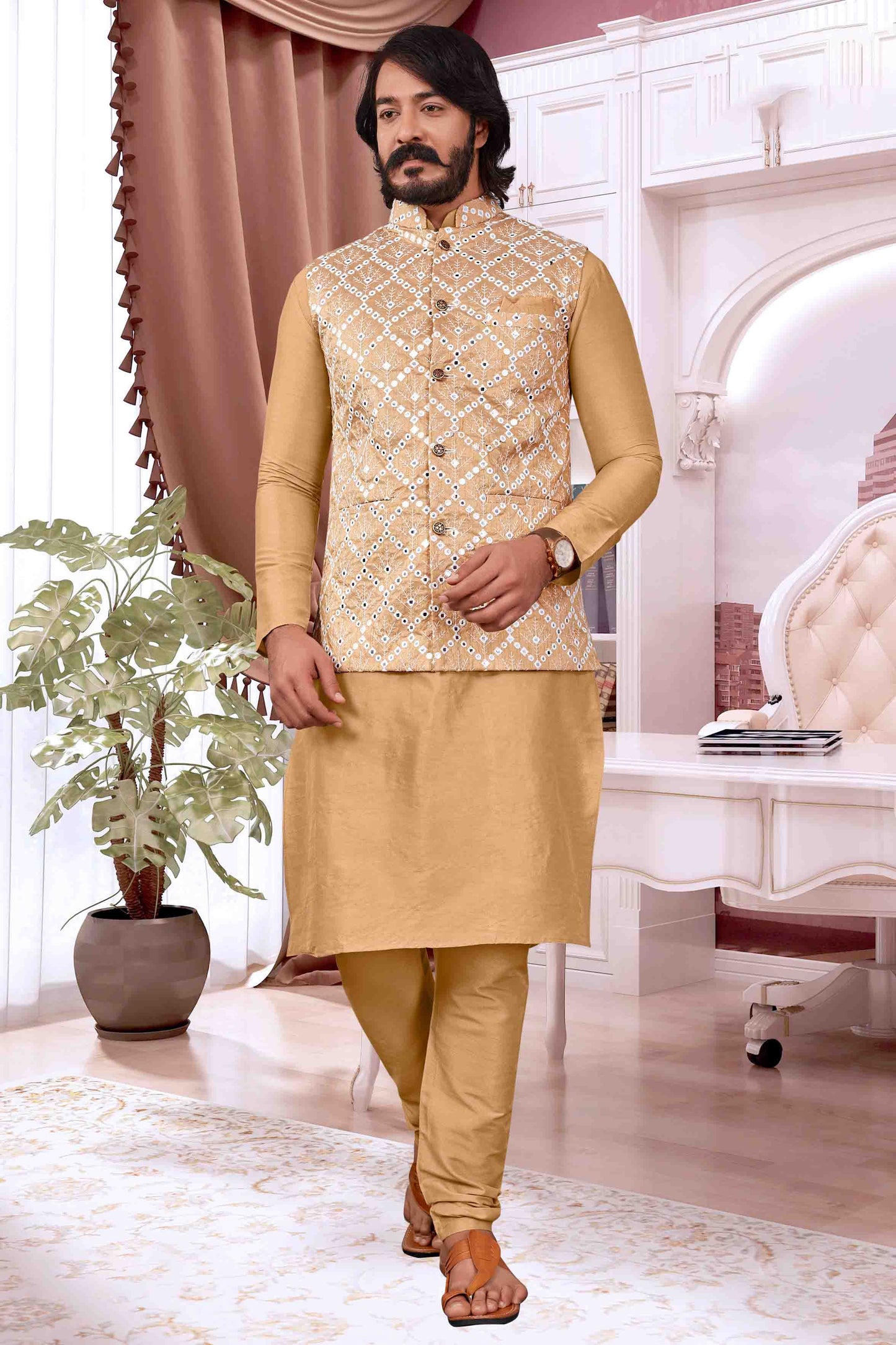 Beige Colour Kurta Pajama With Jacket In Art Silk VSKP1210396