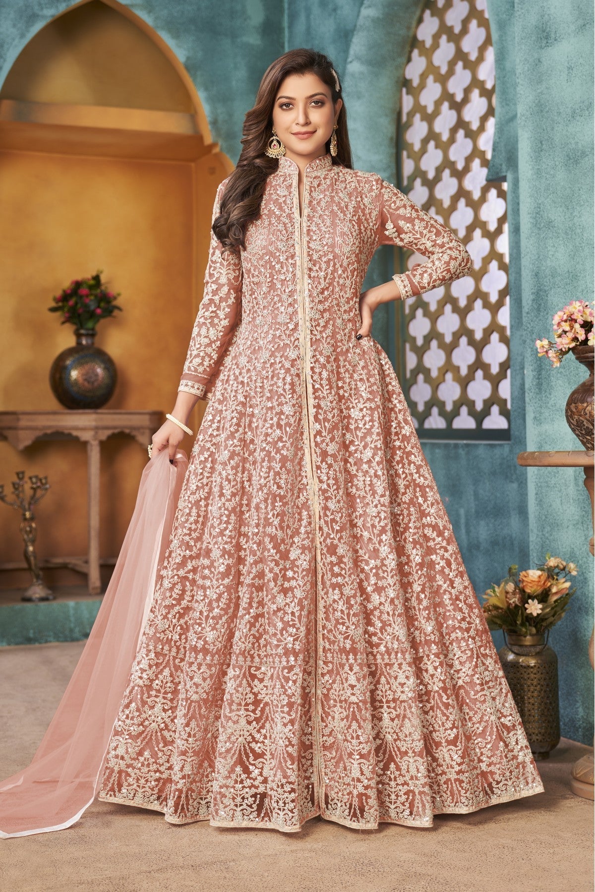 Beige Colour Net Anarkali Suit