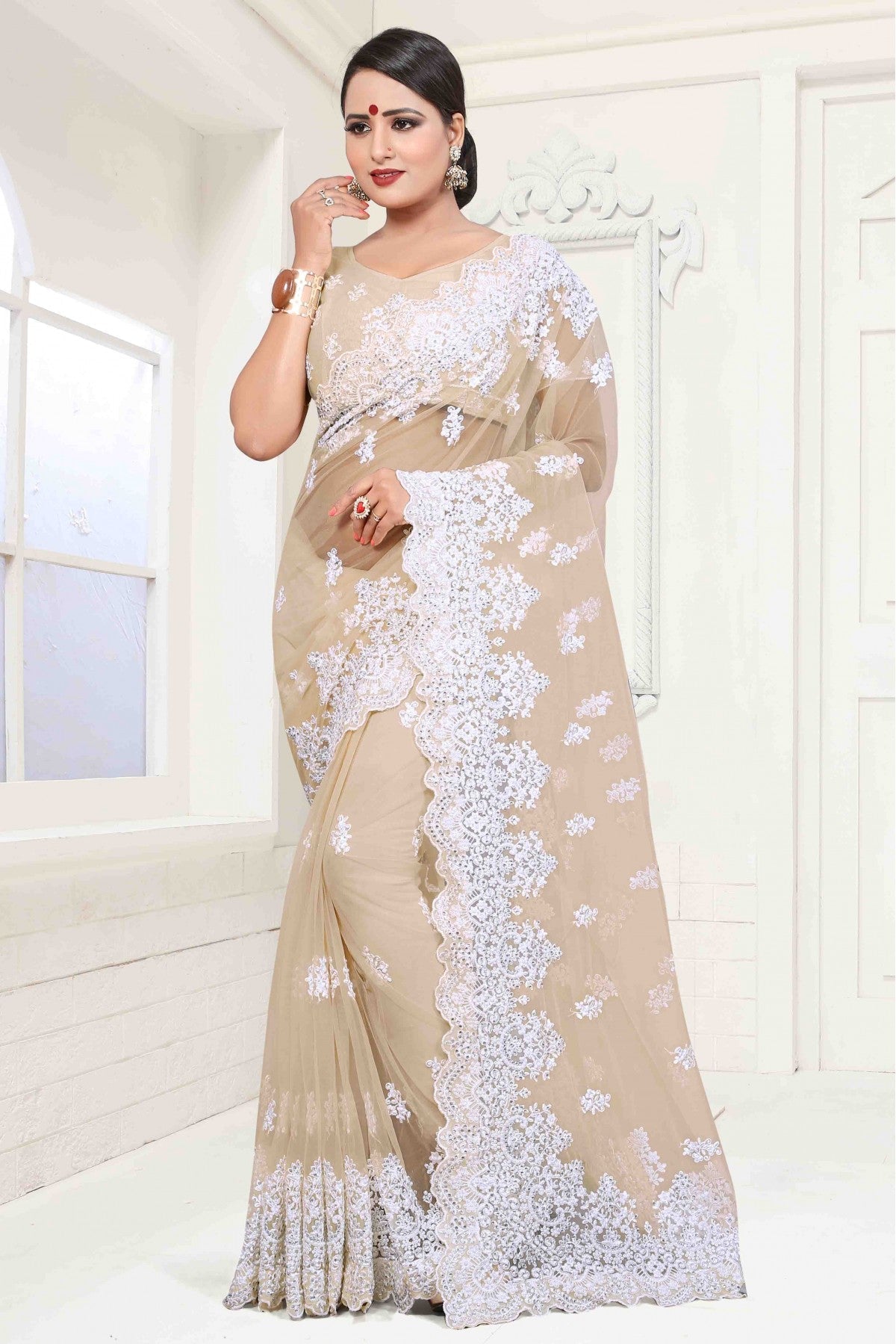 Beige Colour Net Designer Saree