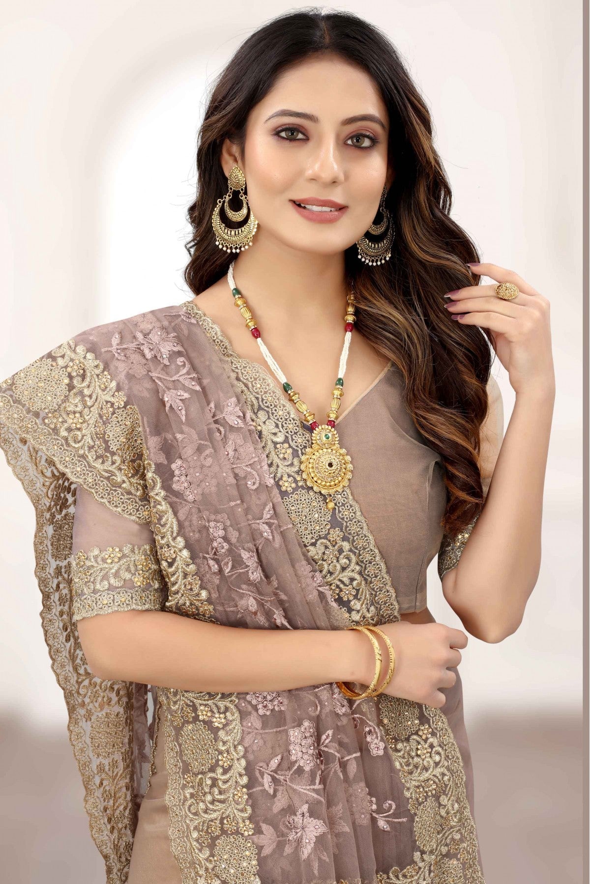 Beige Colour Net Designer Saree