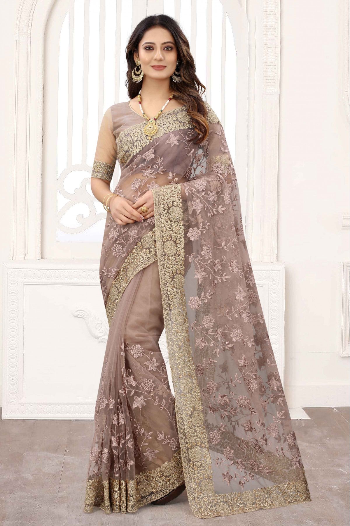 Beige Colour Net Designer Saree