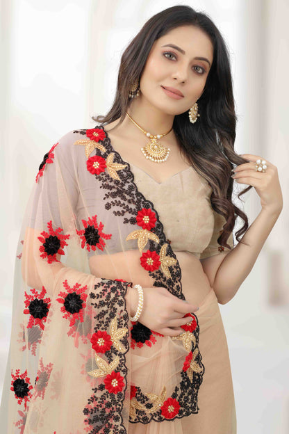 Beige Colour Net Designer Saree