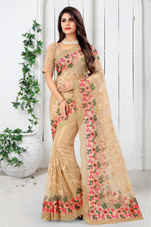 Beige Colour Net Embroidery Saree