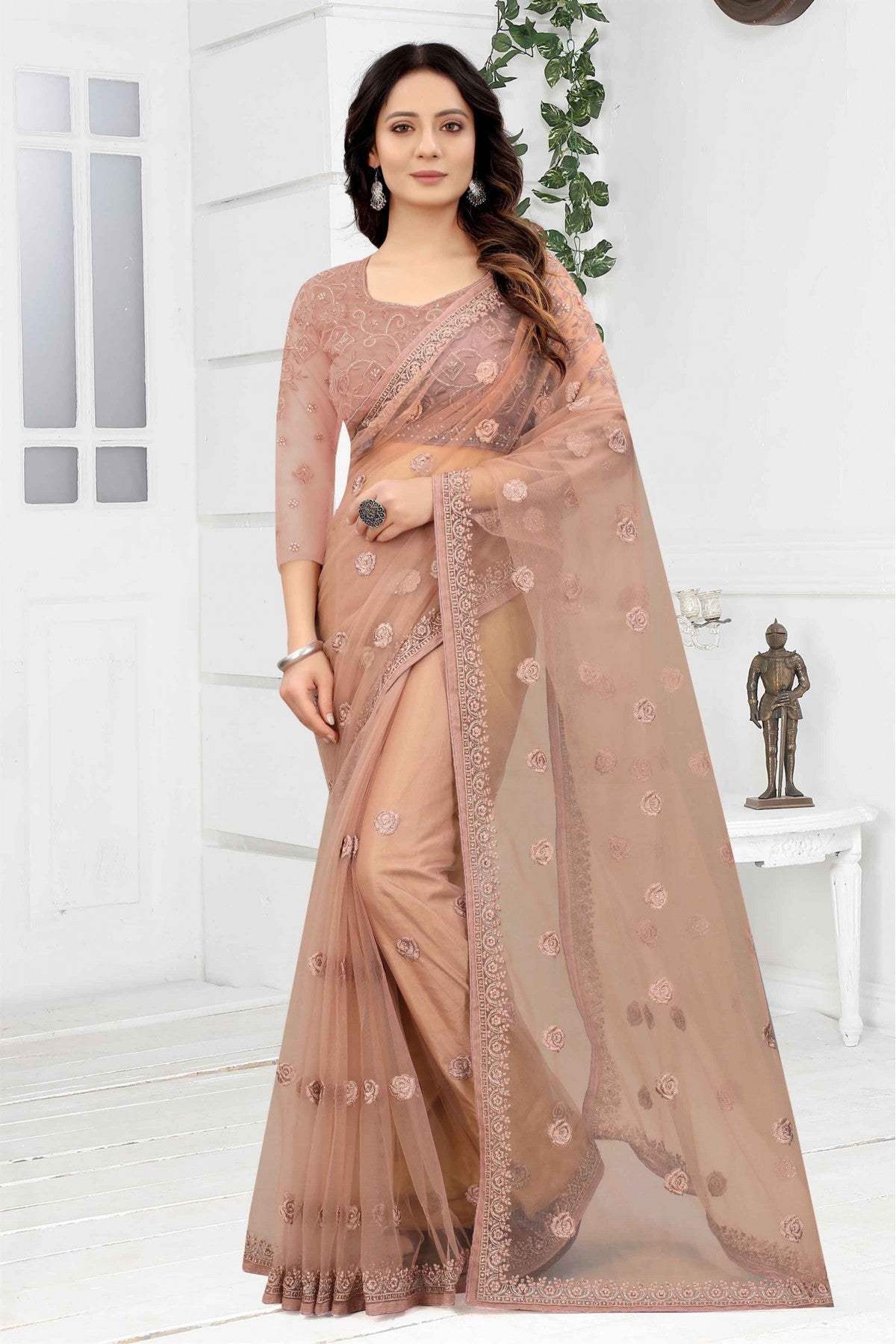 Beige Colour Net Embroidery Saree