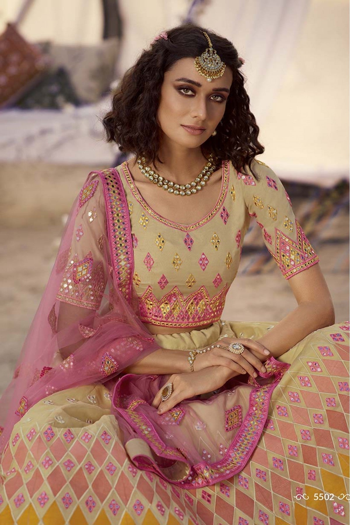 Beige Colour Organza Embroidery Lehenga Choli