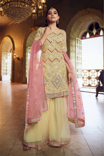 Beige Colour Organza Thread Work Sharara Suit