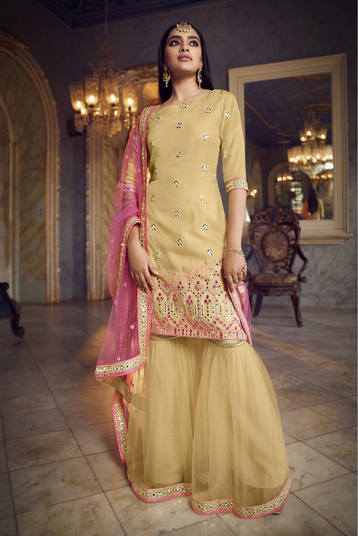 Beige Colour Organza Thread Work Sharara Suit