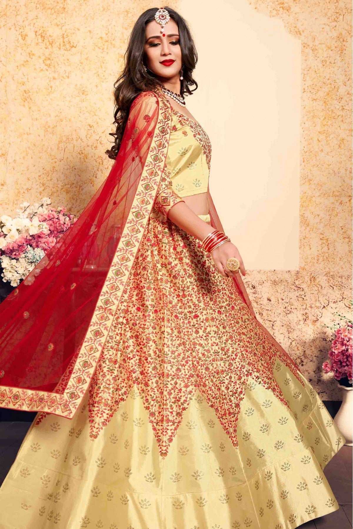 Beige Colour Satin Embroidery Lehenga Choli