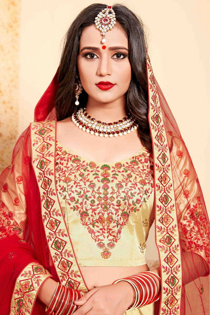 Beige Colour Satin Embroidery Lehenga Choli