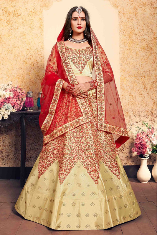 Beige Colour Satin Embroidery Lehenga Choli